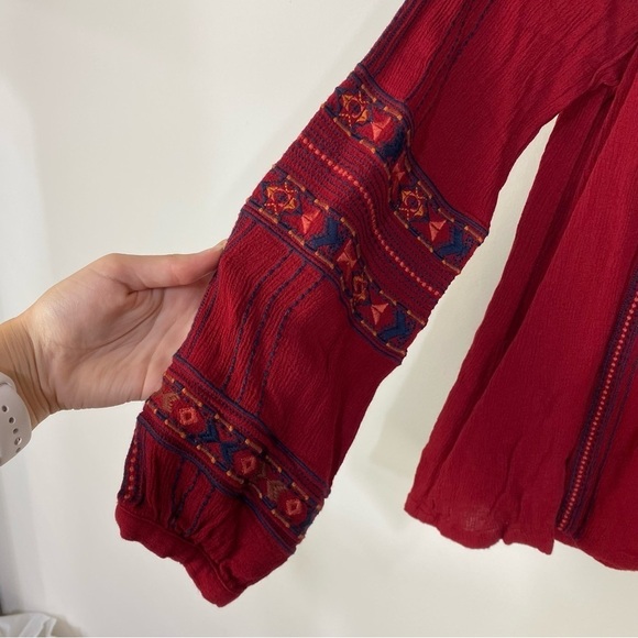 Miss Me Red Embroidered Long Sleeve Boho Bohemian Top Western Rodeo - Picture 3 of 4